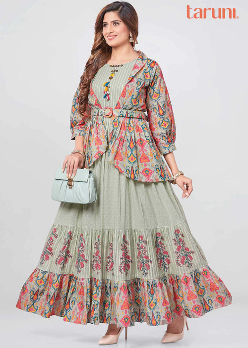 Dusty Green Cotton Printed Long Dress