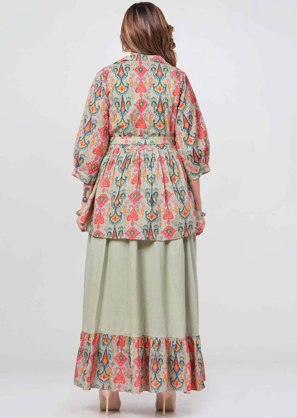 Dusty Green Cotton Printed Long Dress
