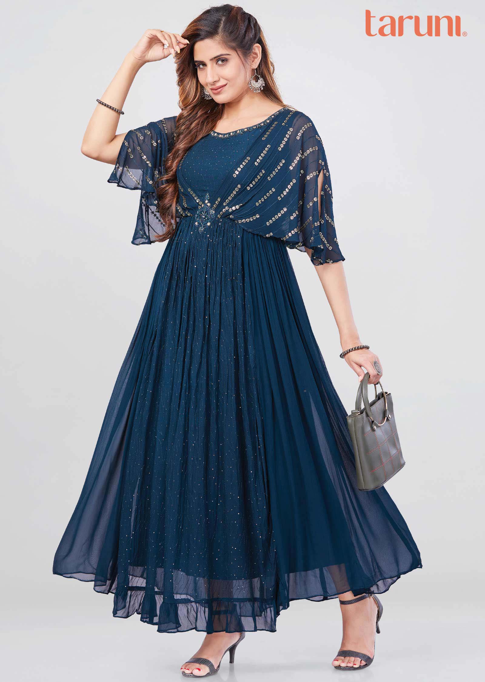Teal Blue Georgette Long Dress