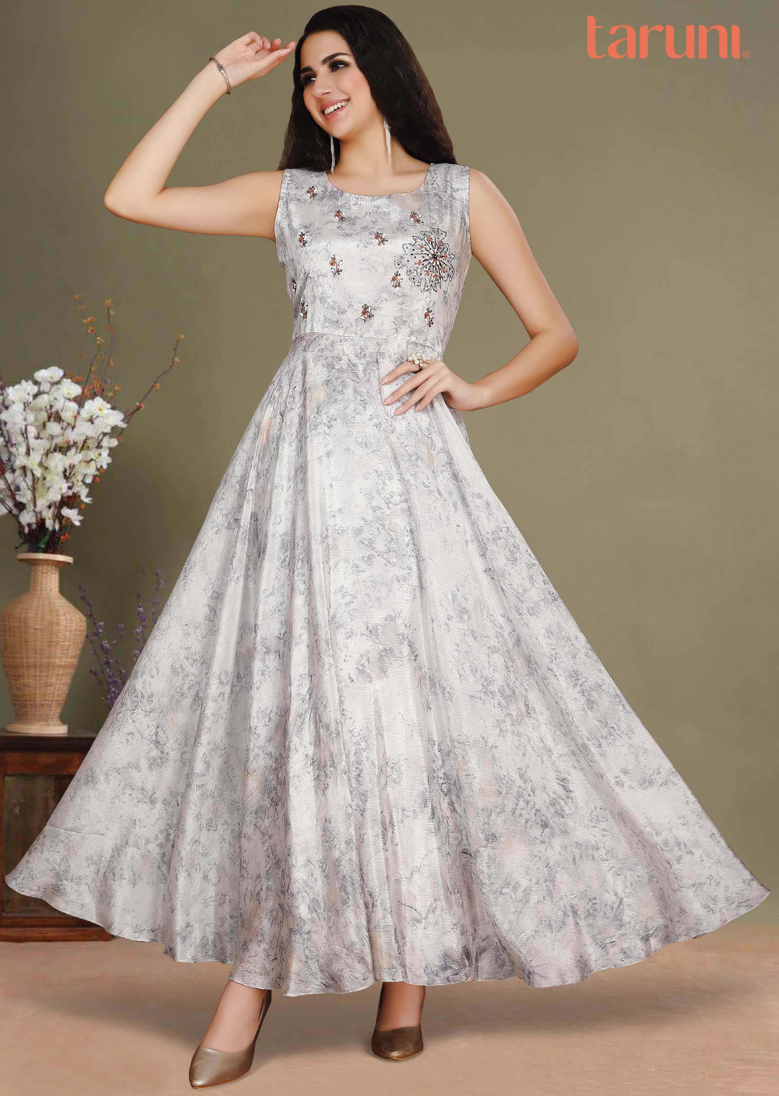 Off White Chinnon Printed Long Dress
