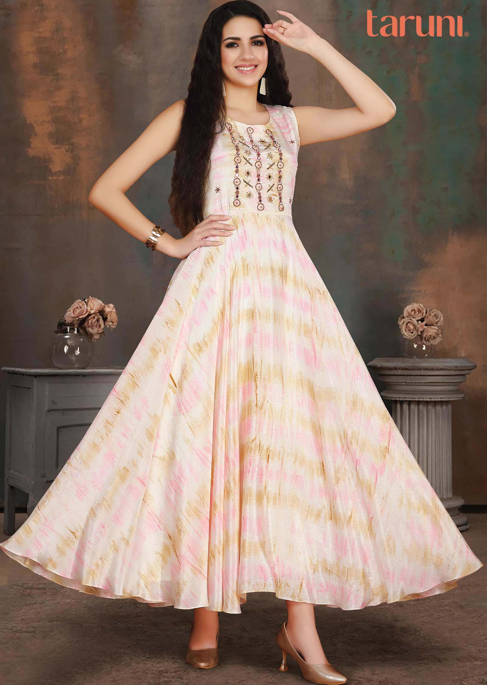 Cream Chinnon Embroidered Long Dress