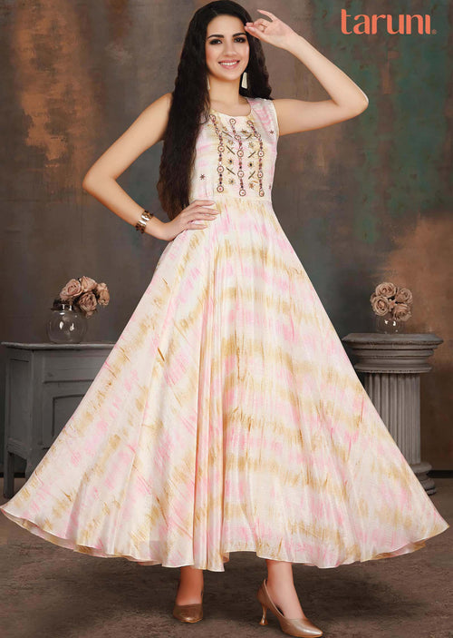 Cream Chinnon Embroidered Long Dress