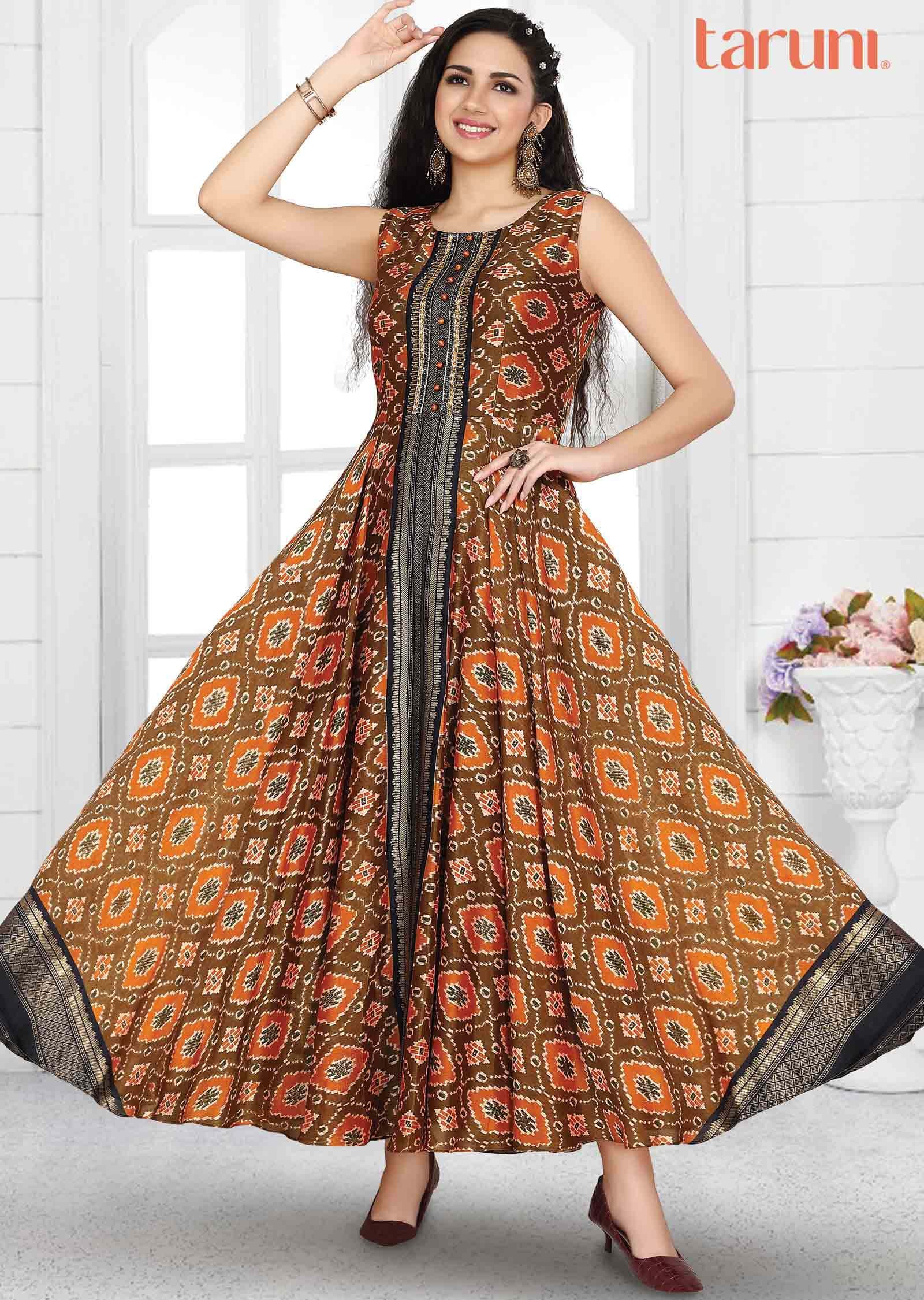 Brown & Orange Silk Printed Long Dress
