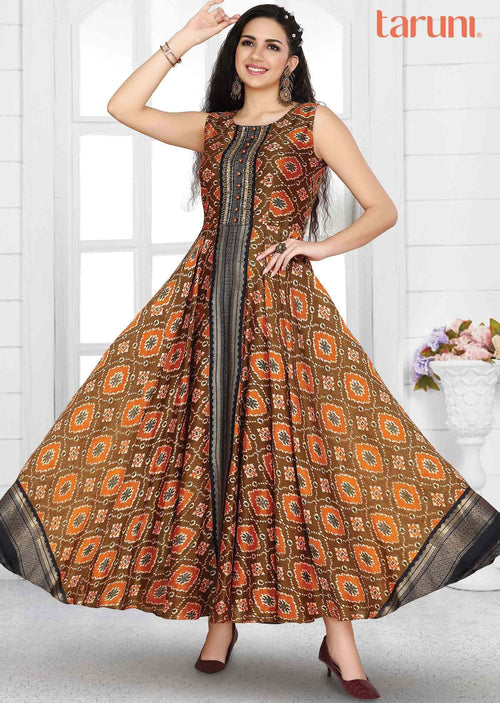 Brown & Orange Silk Printed Long Dress