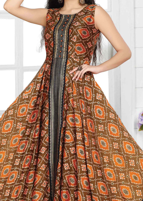 Brown & Orange Silk Printed Long Dress
