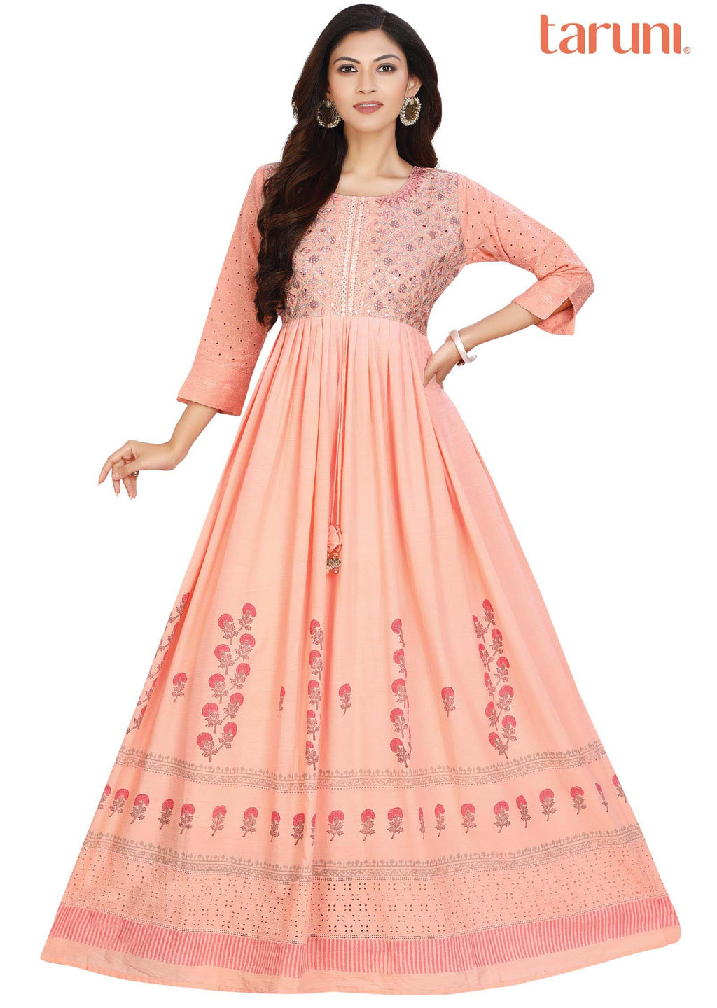 Peach Cotton Printed Long Dress