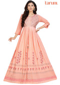 Peach Cotton Printed Long Dress