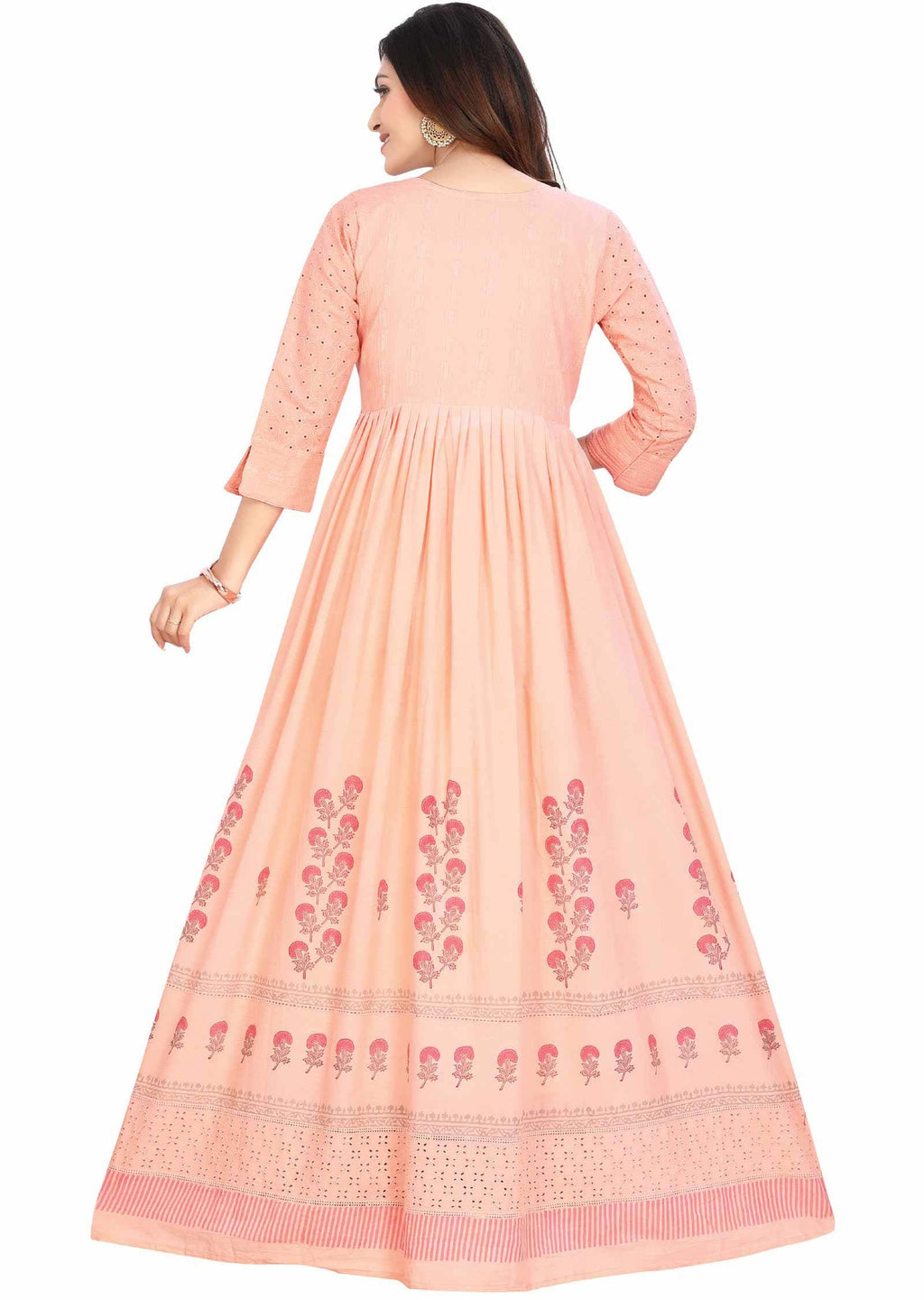 Peach Cotton Printed Long Dress