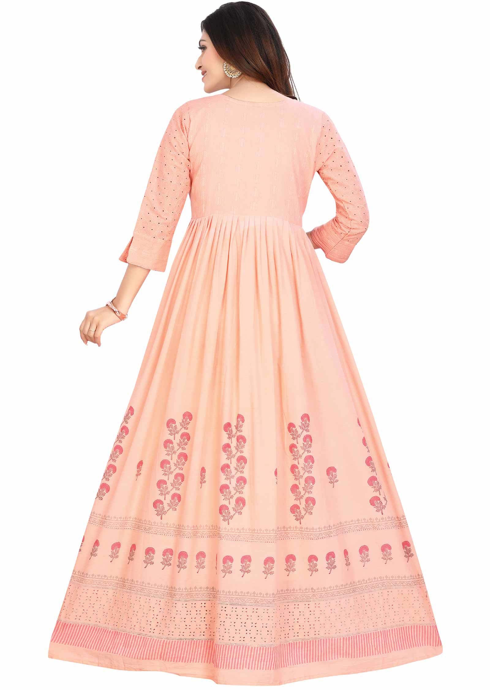 Peach Cotton Printed Long Dress