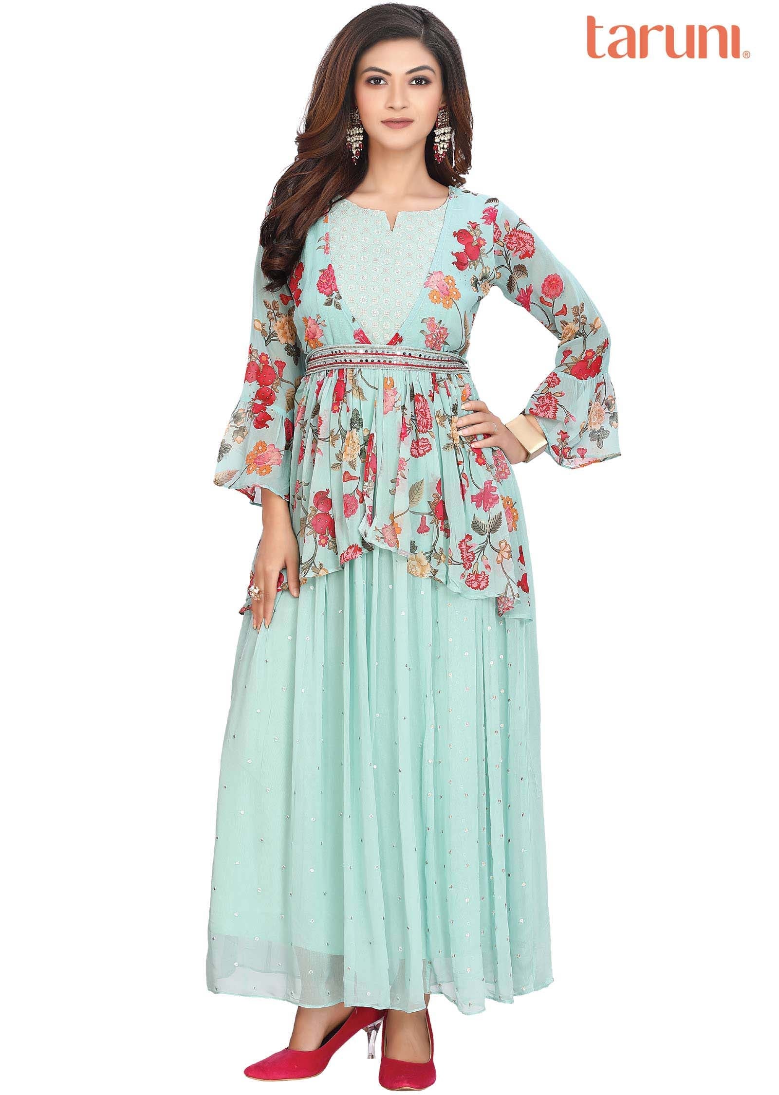 Sea green Georgette Printed Long Dress