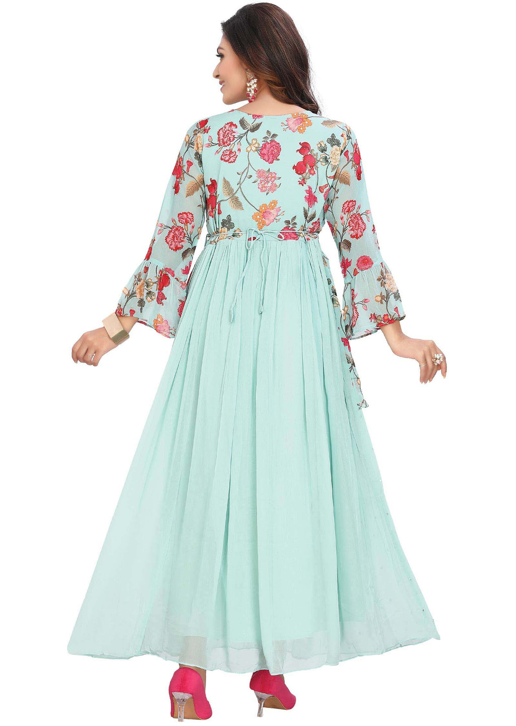 Sea green Georgette Printed Long Dress