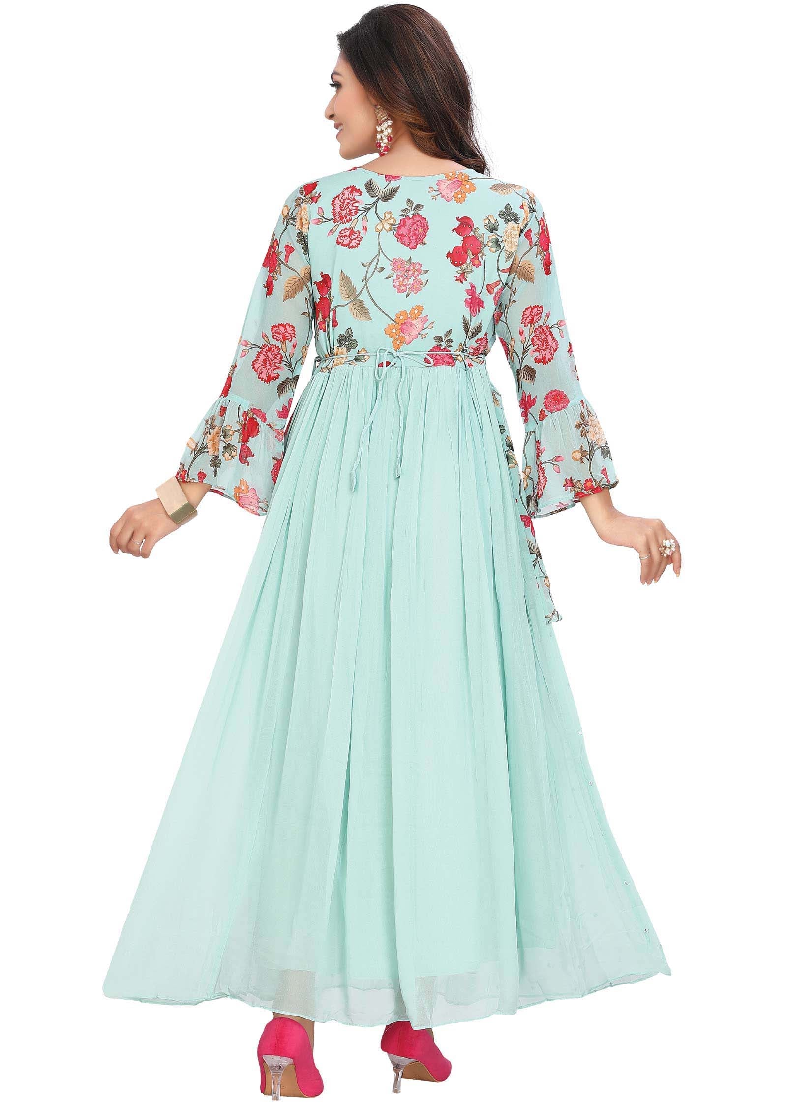 Sea green Georgette Printed Long Dress