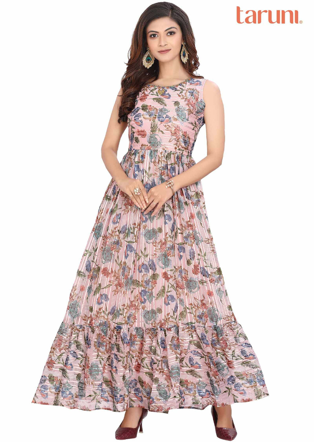 Dusty peach Georgette Printed Long Dress
