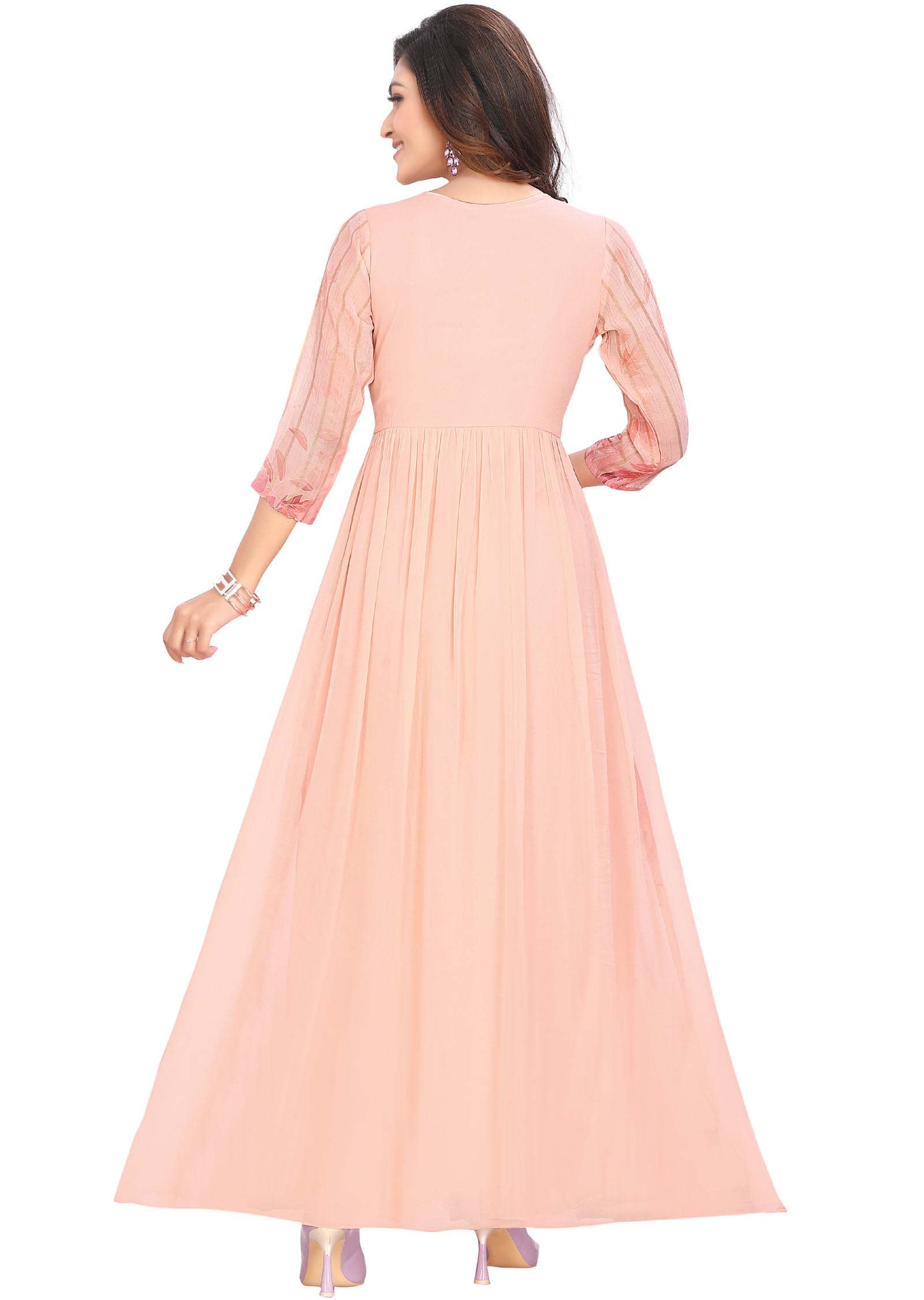 Peach Georgette Embroidered Long Dress