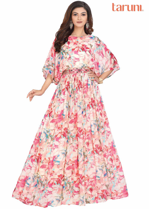 Cream Chinnon Embroidered Long Dress