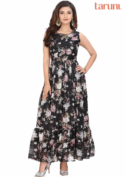 Black Georgette Printed Long Dress