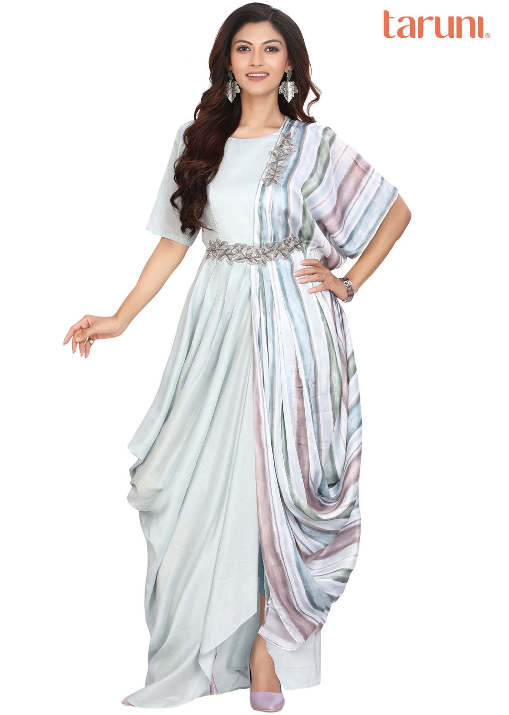 Dusty Blue Silk Printed Long Dress