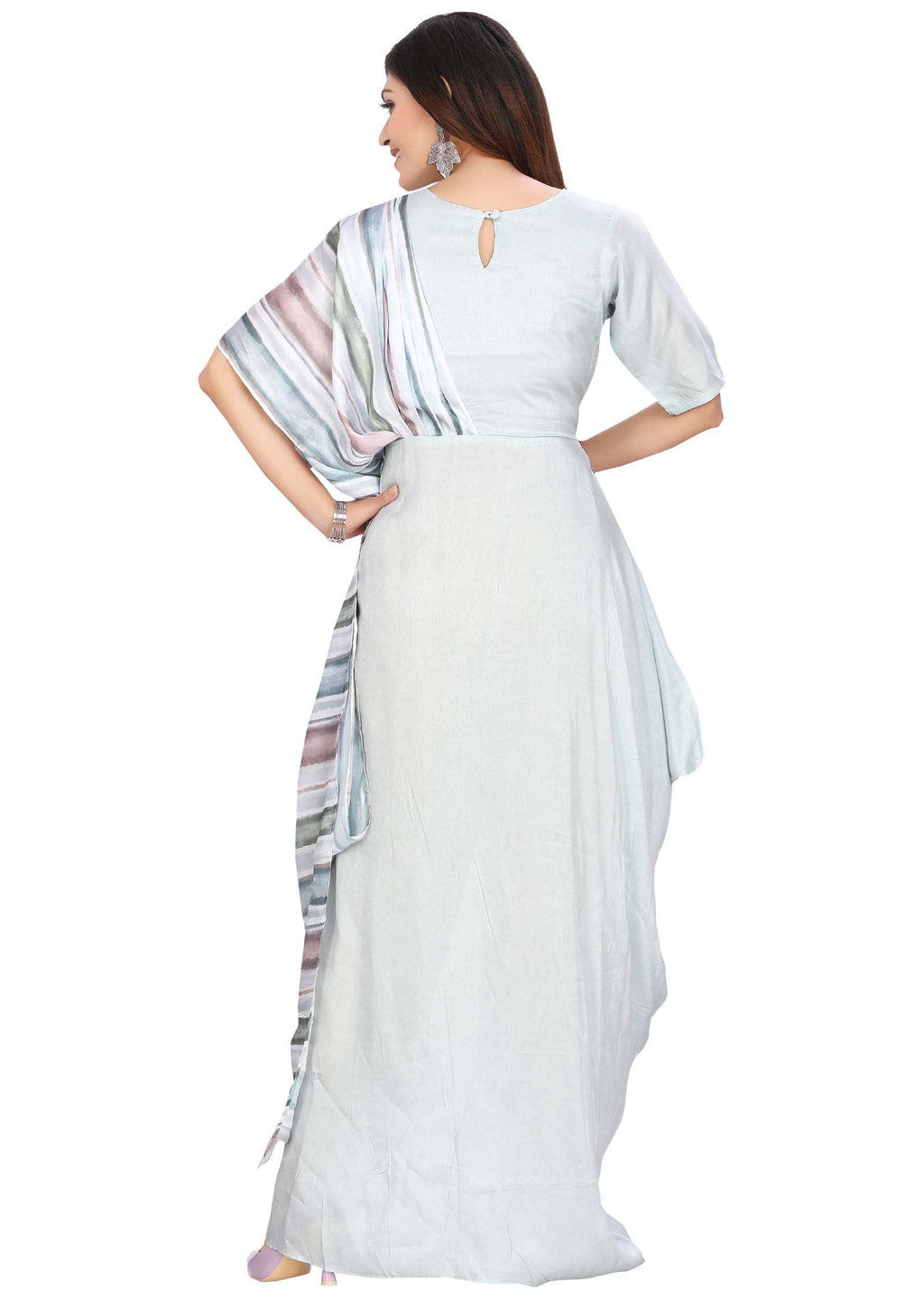 Dusty Blue Silk Printed Long Dress
