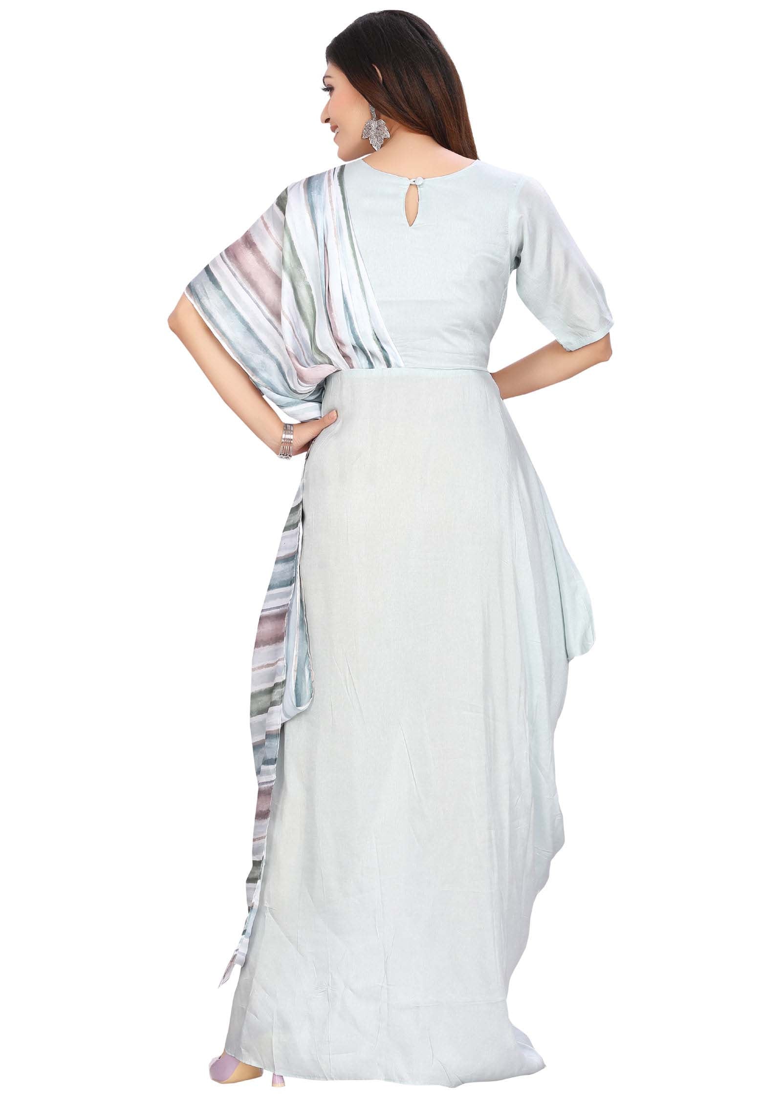 Dusty Blue Silk Printed Long Dress