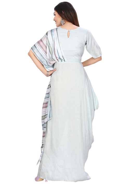 Dusty Blue Silk Printed Long Dress