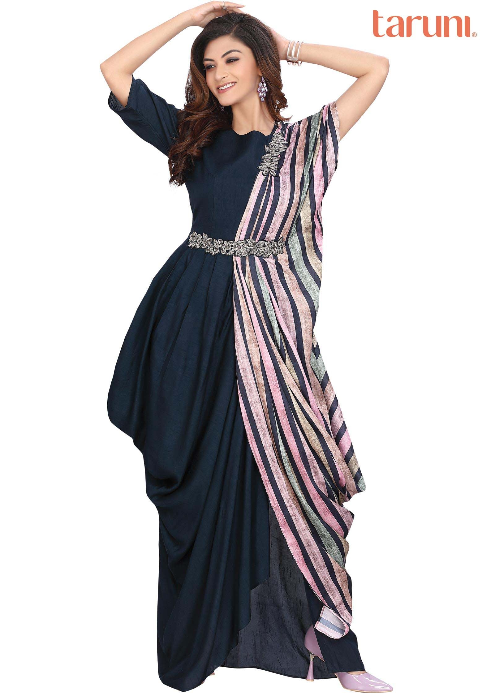 Navy Blue Silk Printed Long Dress