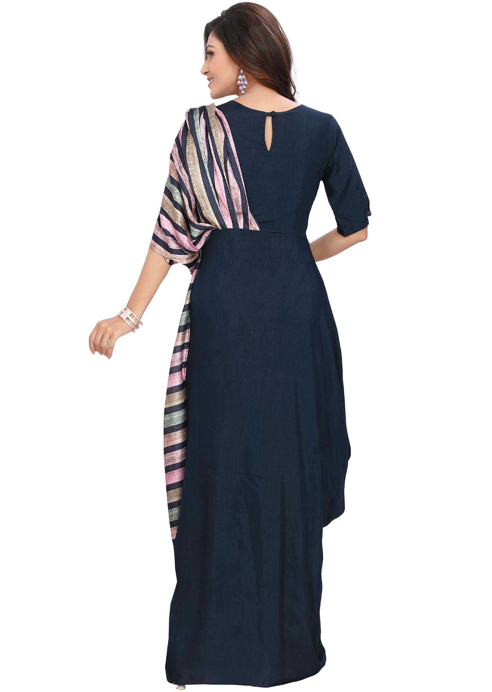 Navy Blue Silk Printed Long Dress