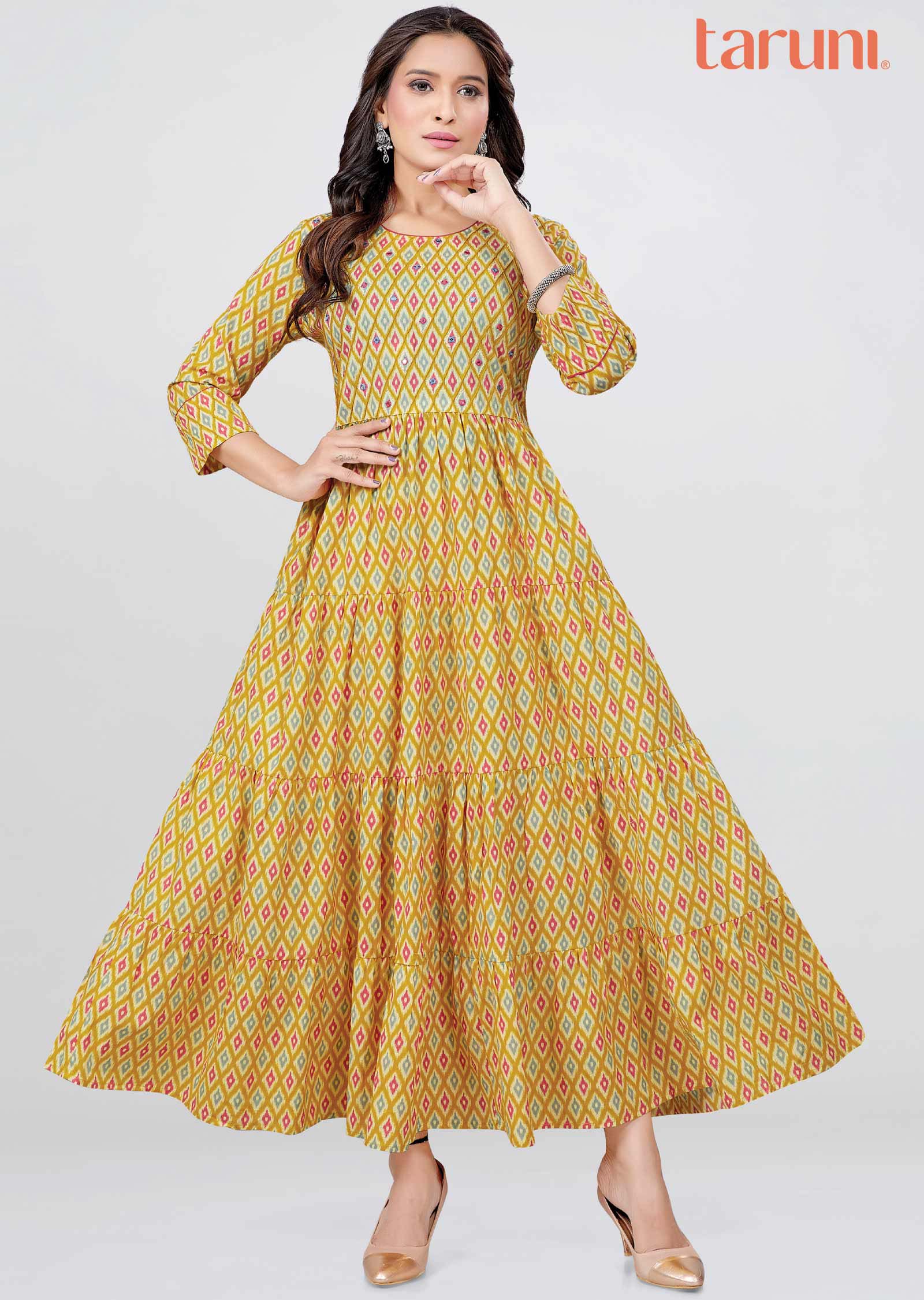 Yellow Cotton Printed Long Dress