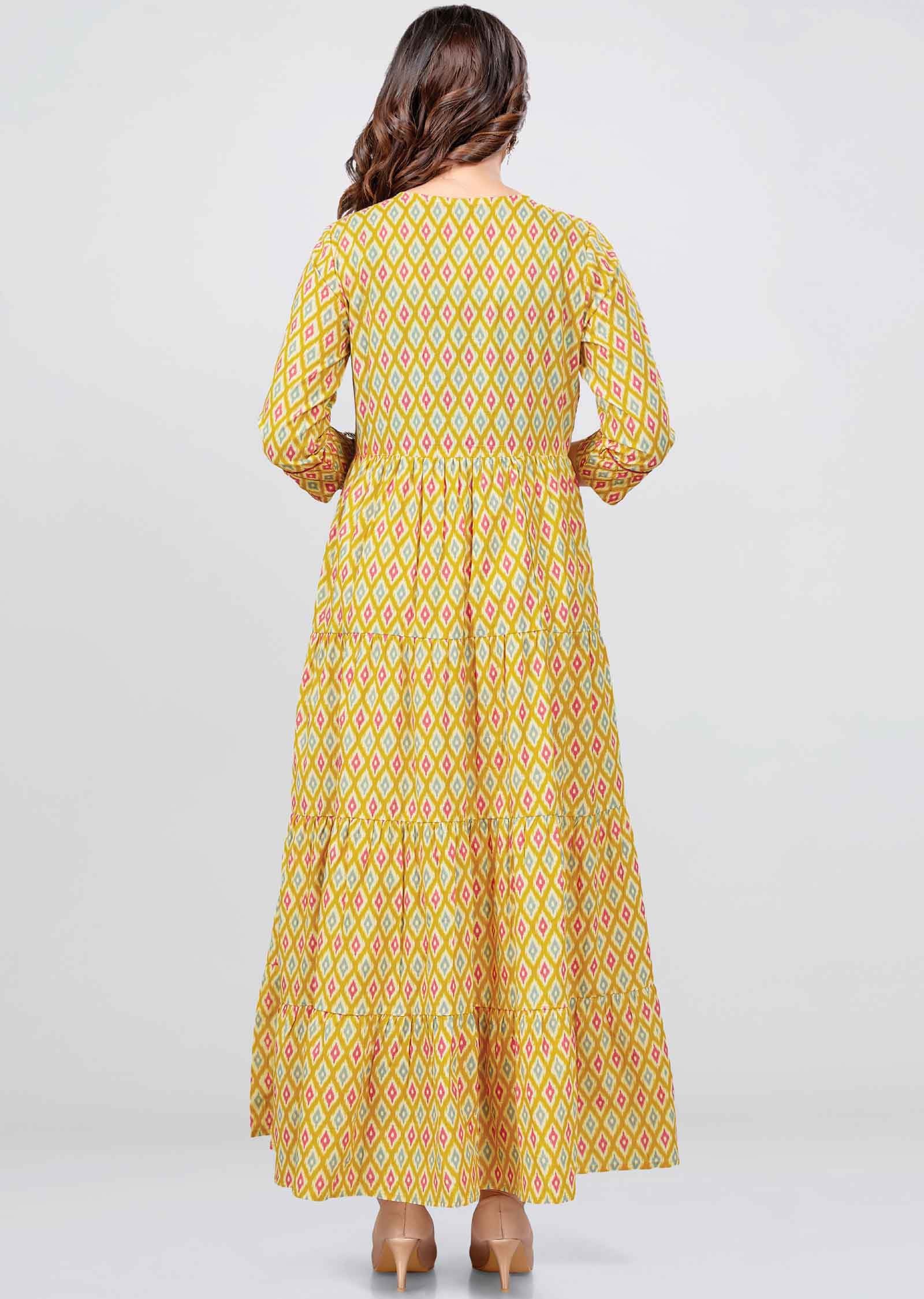 Yellow Cotton Printed Long Dress