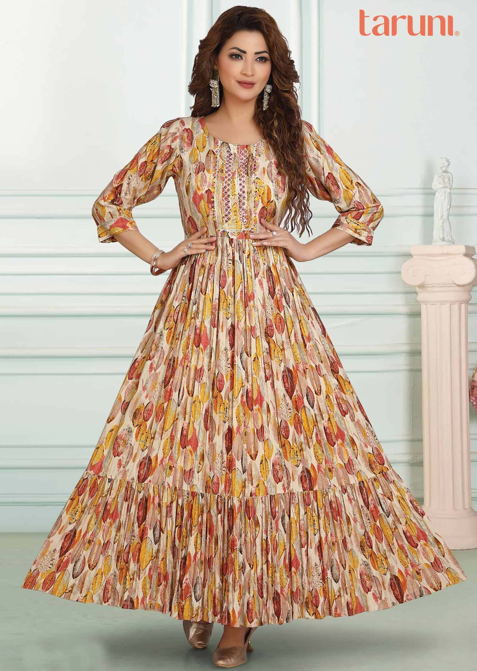 Cream Reyon Printed Long Dress