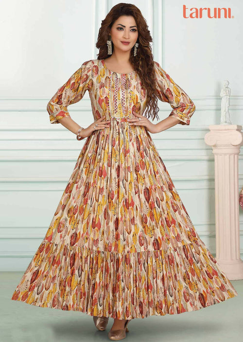 Cream Reyon Printed Long Dress