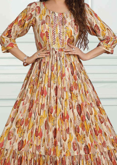 Cream Reyon Printed Long Dress