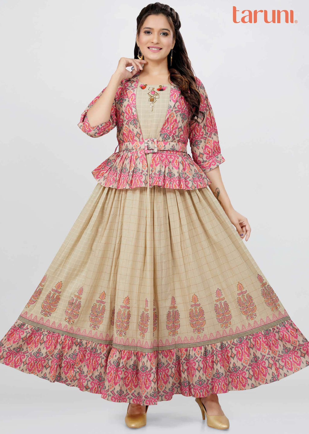 Beige Cotton Printed Long Dress
