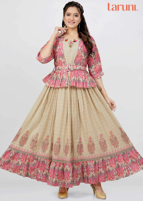 Beige Cotton Printed Long Dress