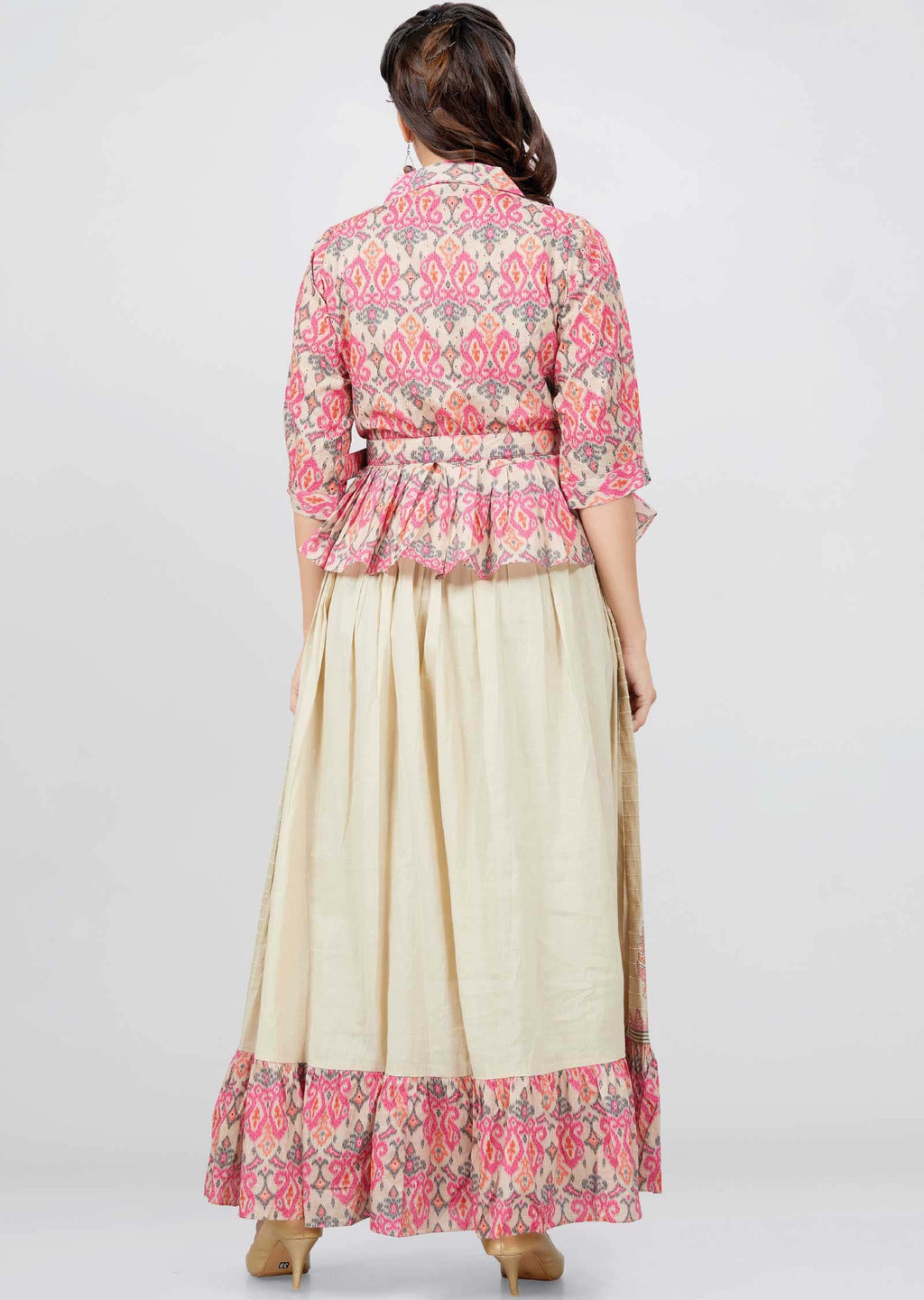Beige Cotton Printed Long Dress