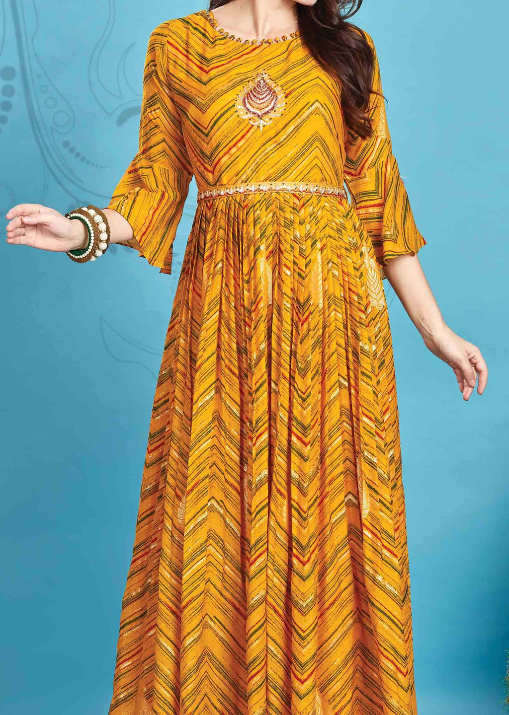 Yellow Chiffon Embroidered Long Dress
