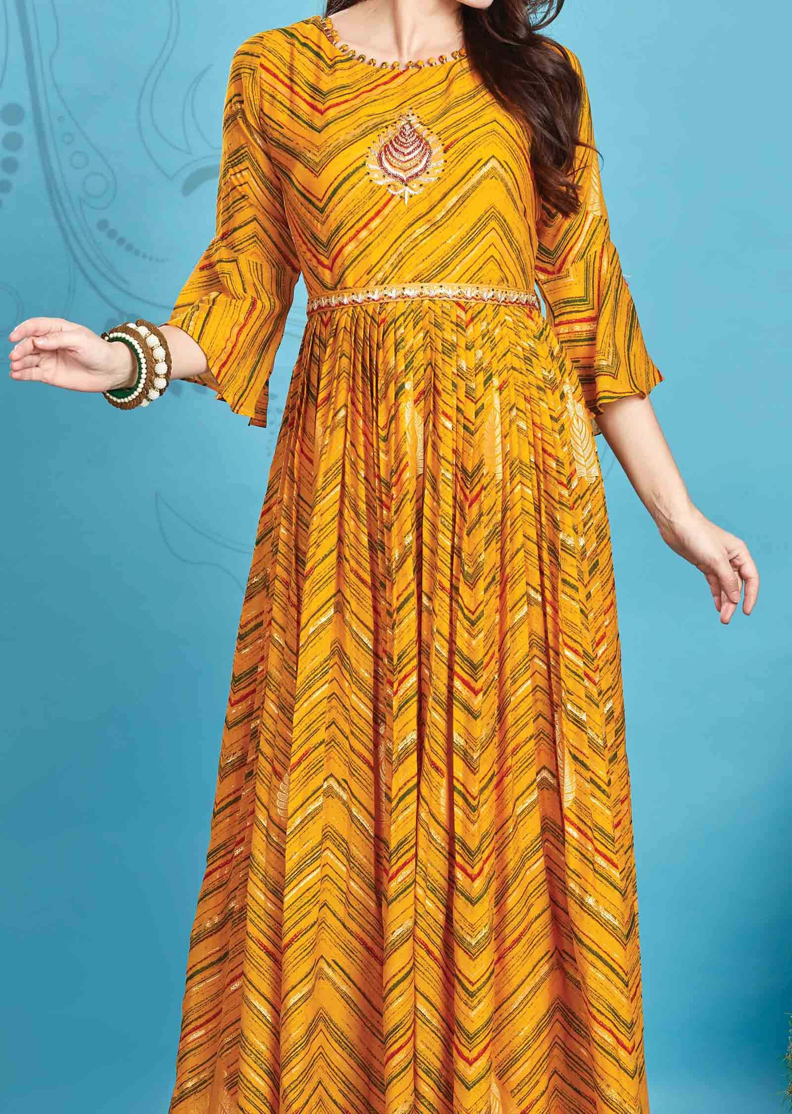 Yellow Chiffon Embroidered Long Dress