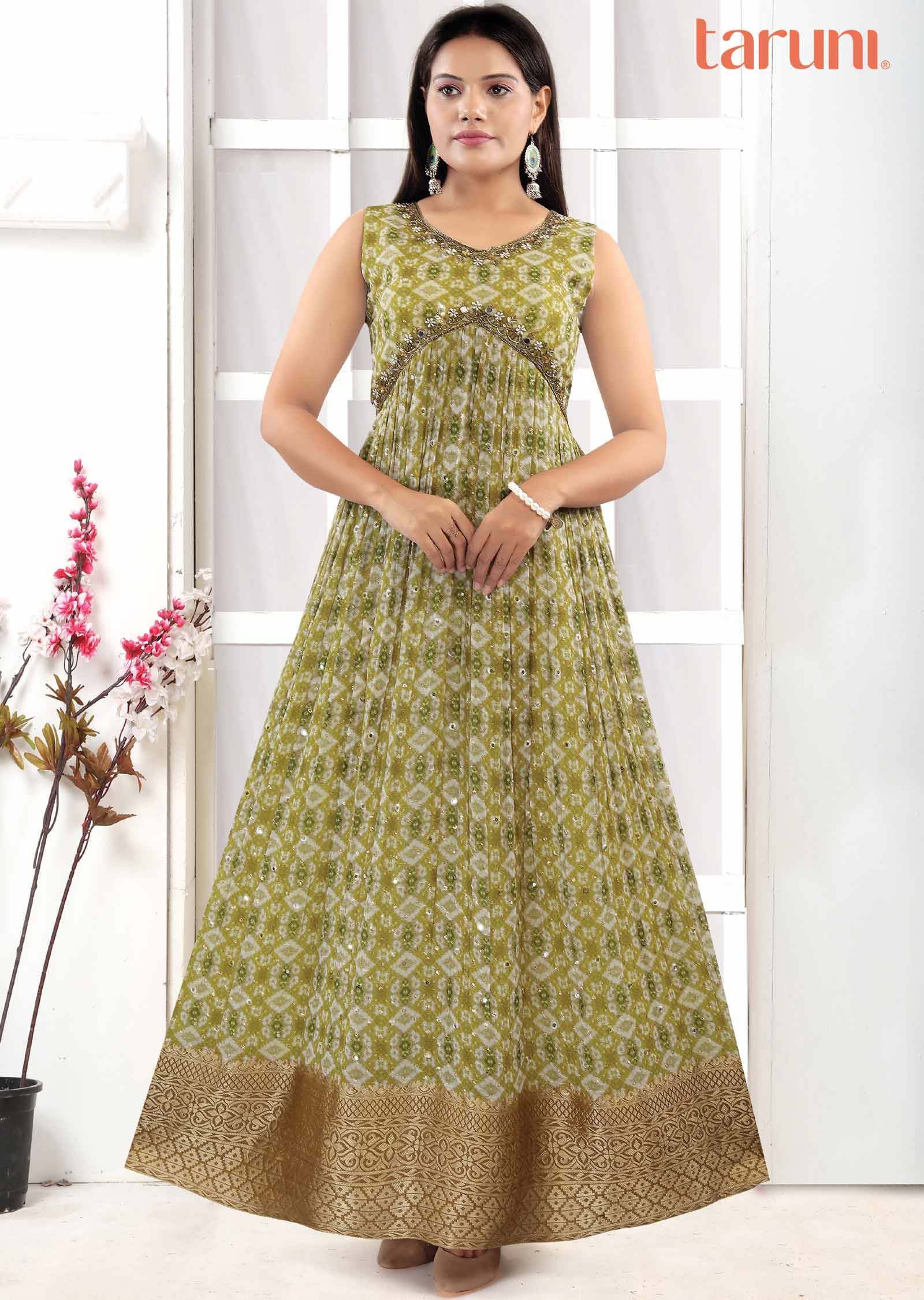Mehandi Green Georgette Embroidered Long Dress