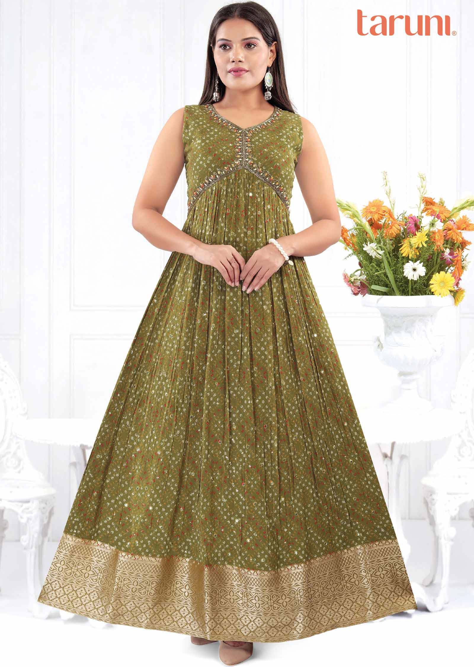 Mehandi Green Georgette Embroidered Long Dress