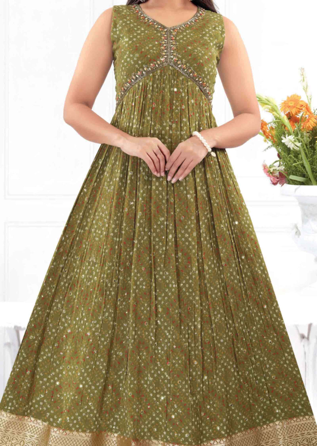 Mehandi Green Georgette Embroidered Long Dress
