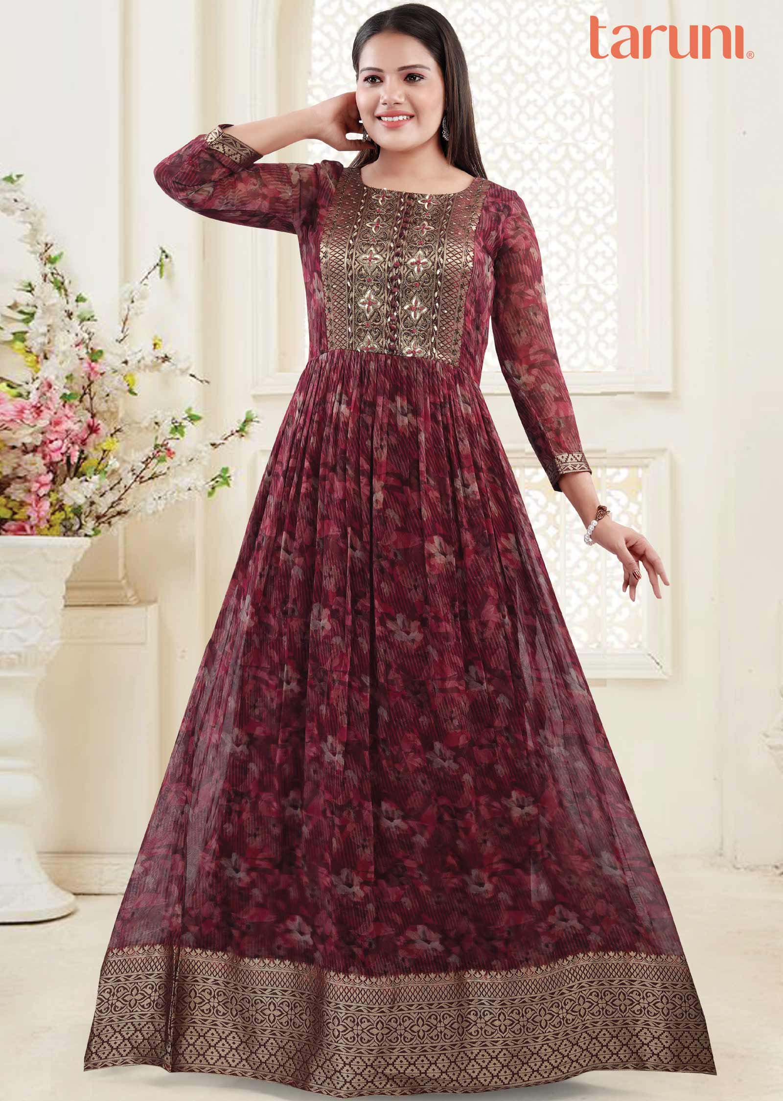 Maroon & Magenta Georgette Embroidered Long Dress