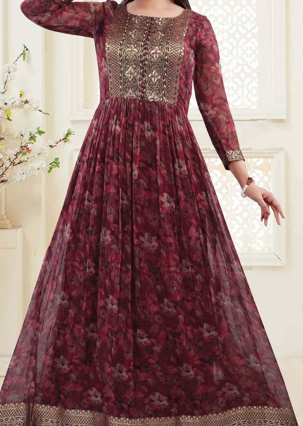 Maroon & Magenta Georgette Embroidered Long Dress