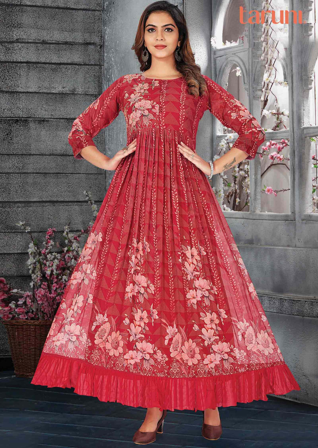 Reddish Maroon Georgette Embroidered Long Dress