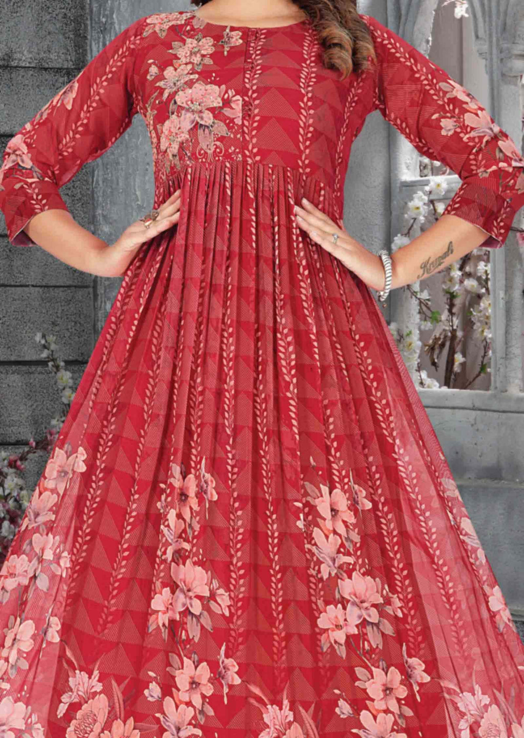Reddish Maroon Georgette Embroidered Long Dress