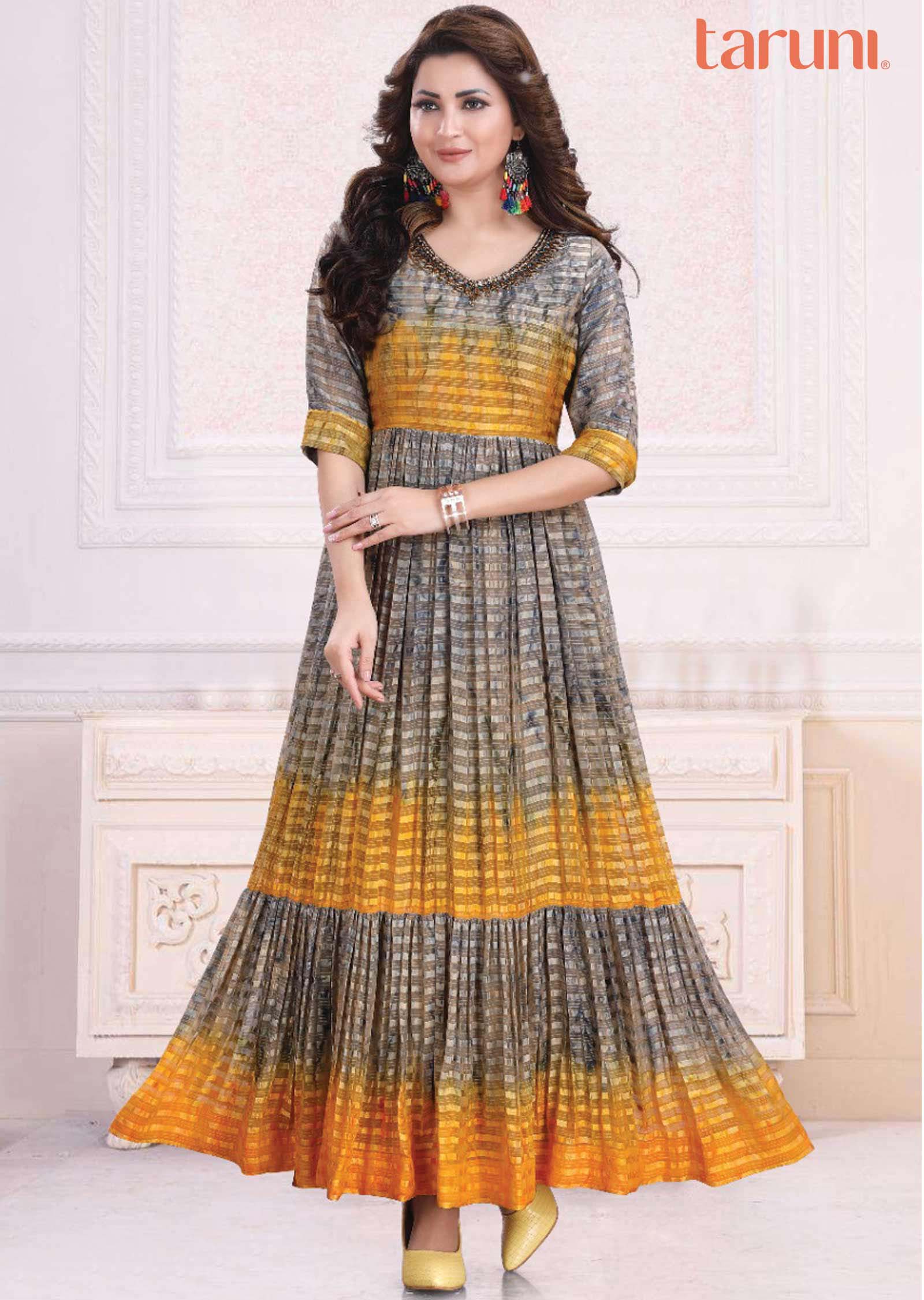 Grey & Yellow Satin chiffon Printed Long Dress
