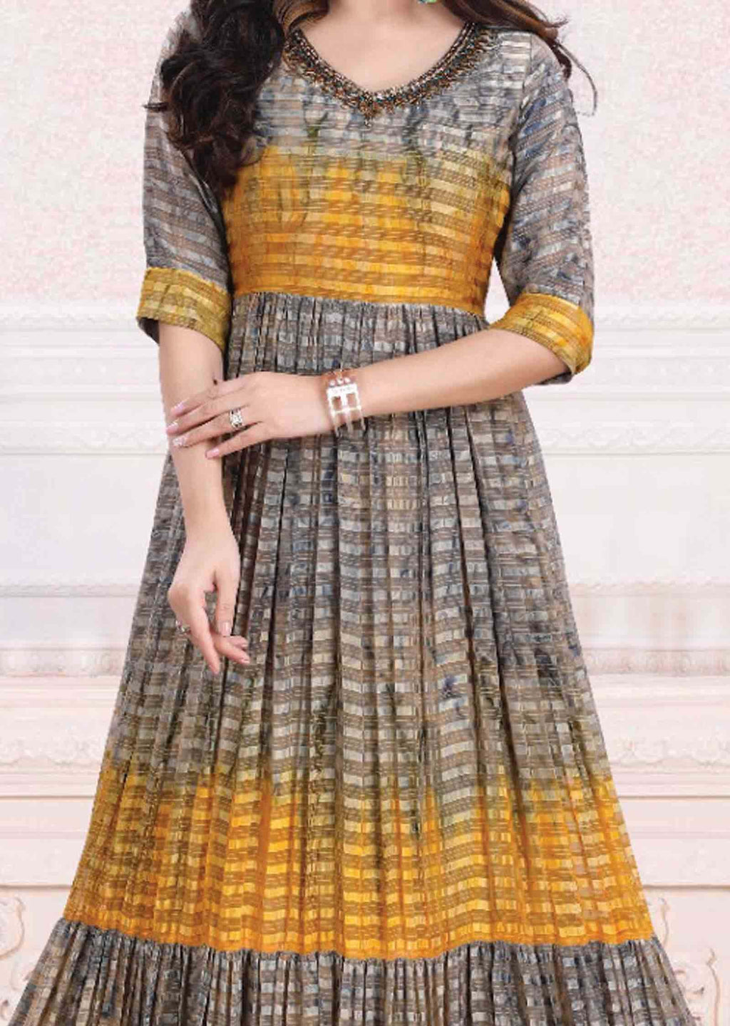 Grey & Yellow Satin chiffon Printed Long Dress
