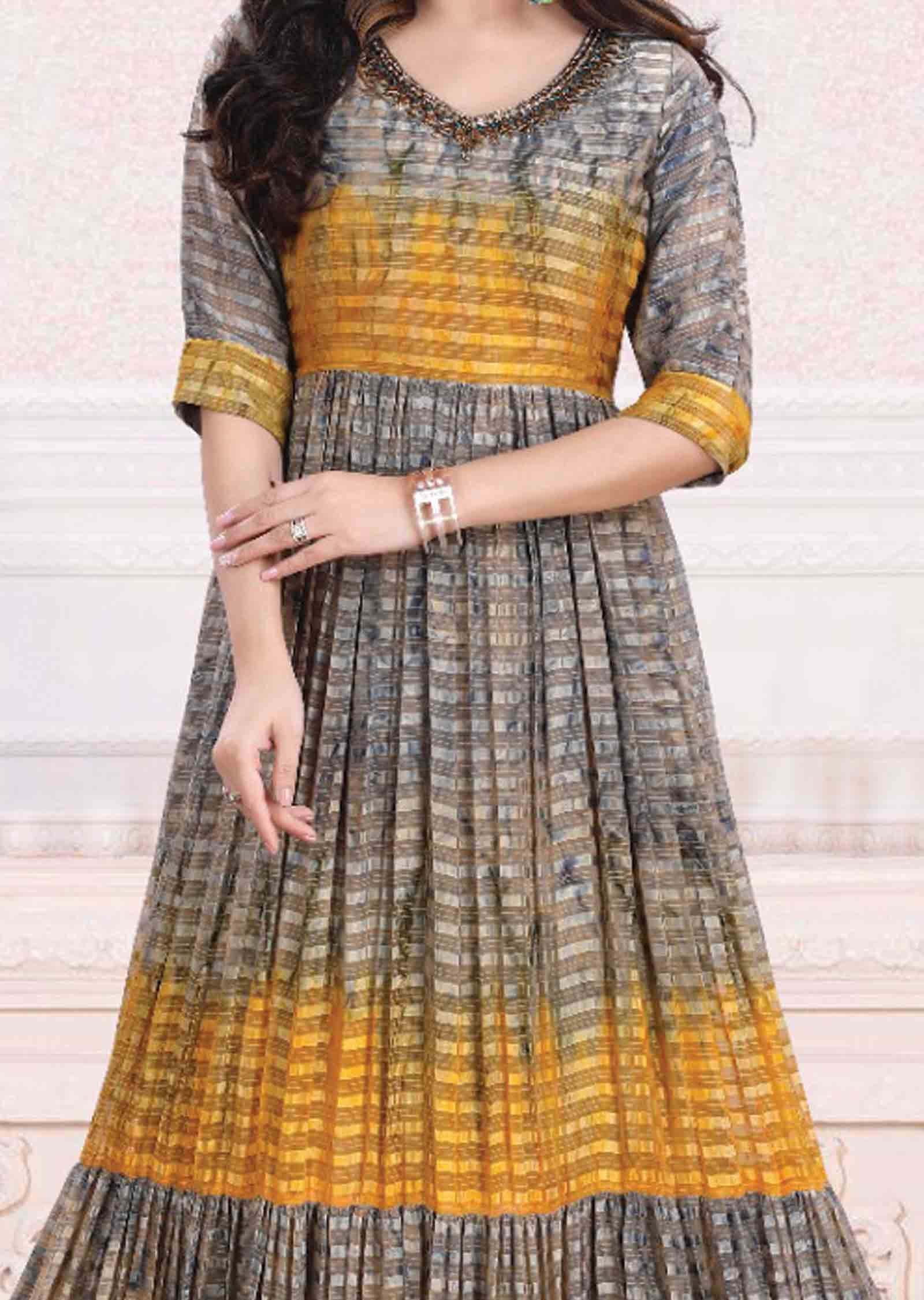Grey & Yellow Satin chiffon Printed Long Dress