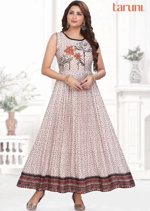 Beige Silk Embroidered Long Dress
