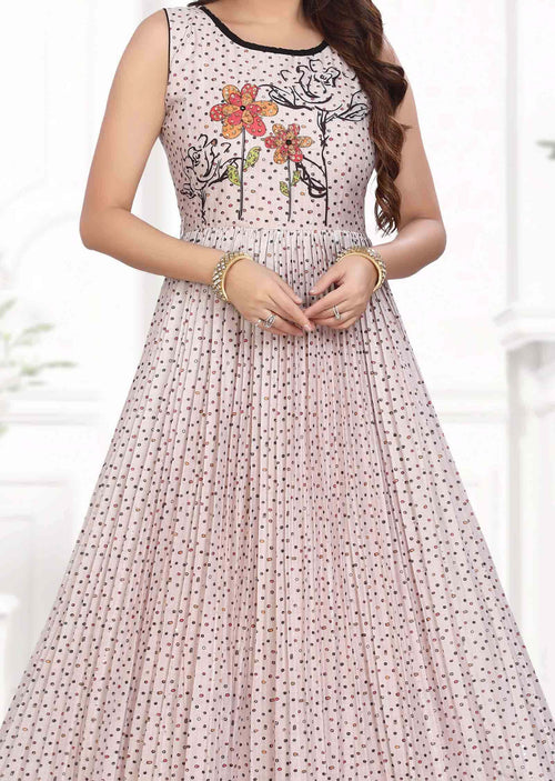 Beige Silk Embroidered Long Dress
