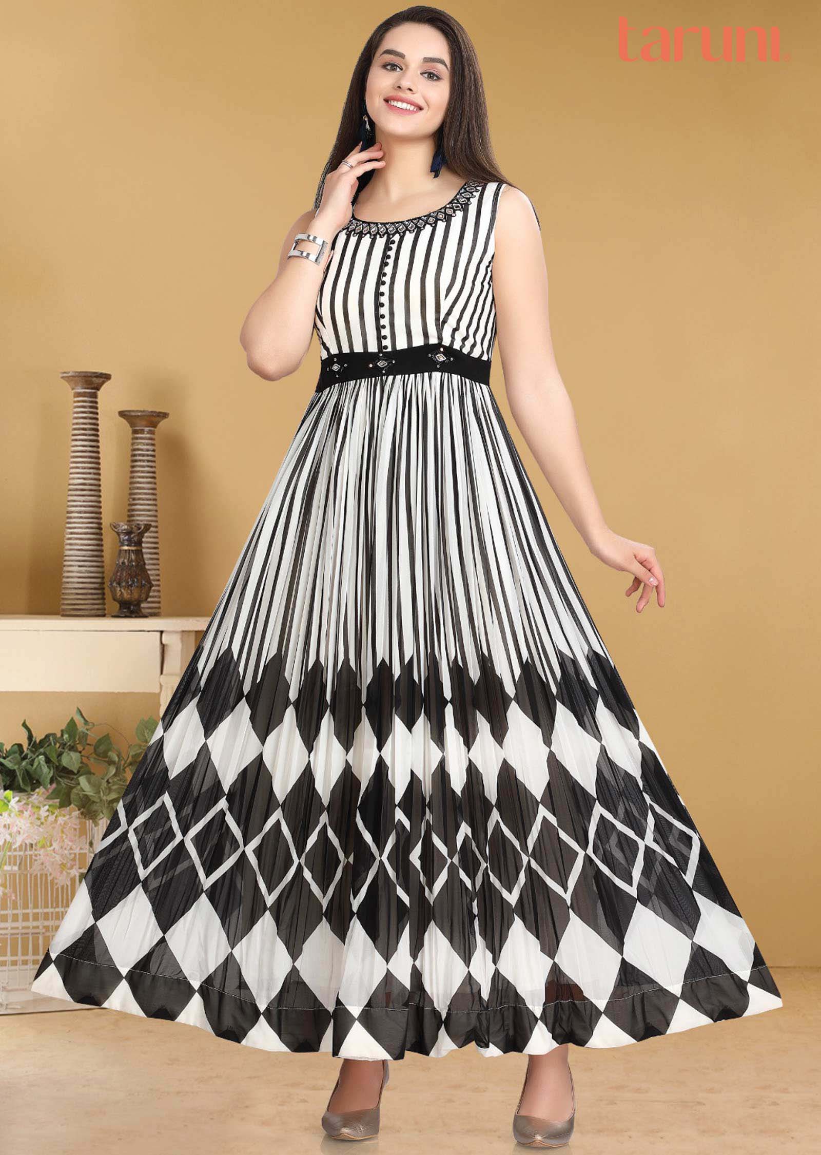 White & Black georgette Embroidered Long Dress