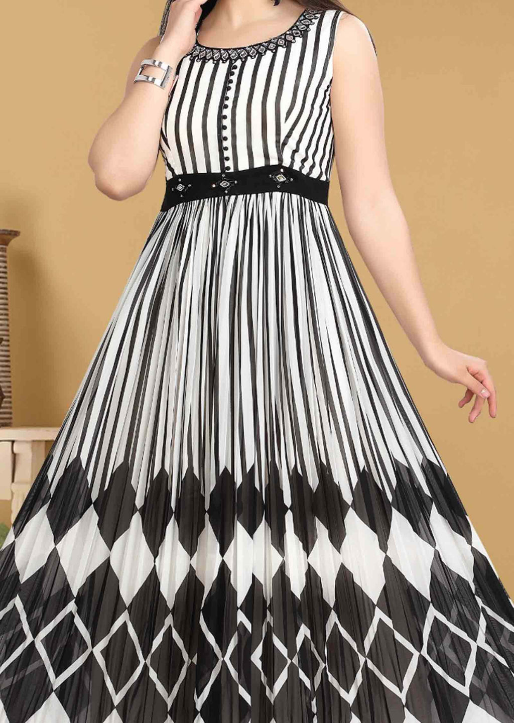 White & Black georgette Embroidered Long Dress